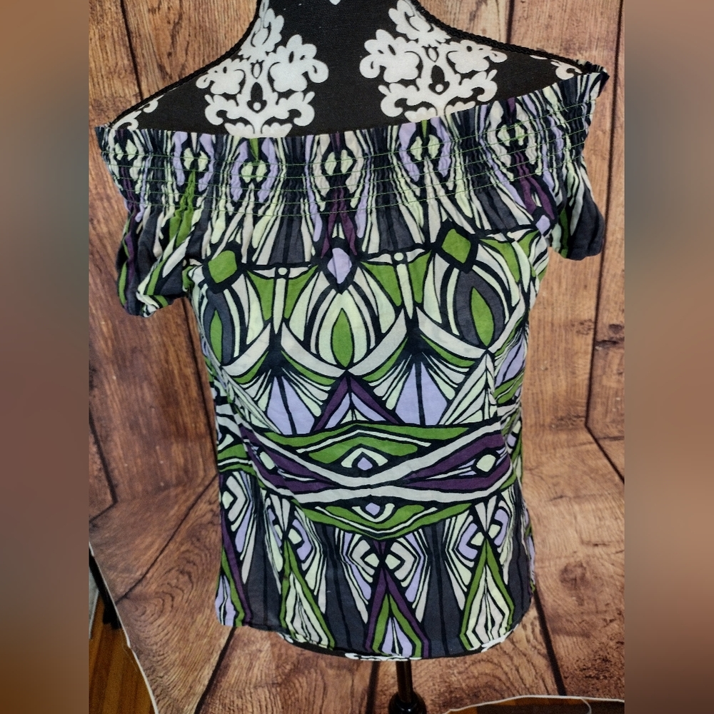 Express Small Off Shoulder Smocked Geometric Print Top Green Purple